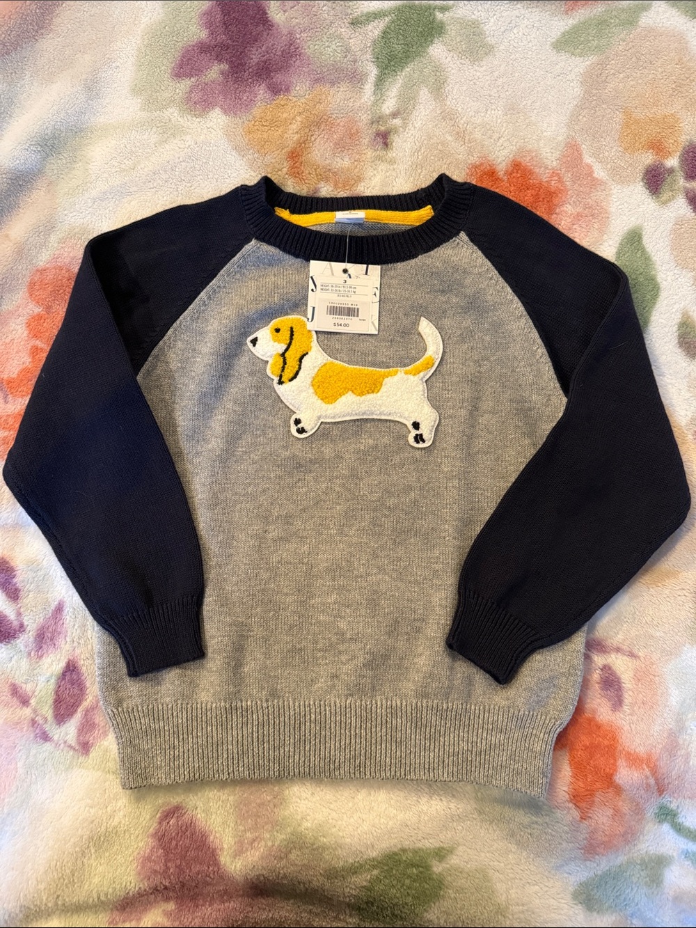 Janie and Jack Gray and Navy Sweater with Yellow Dog Applique